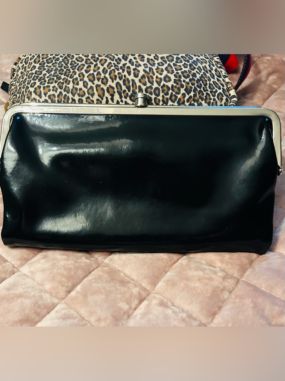 HOBO Black Patent Frame Lauren Clutch with Silver Trim